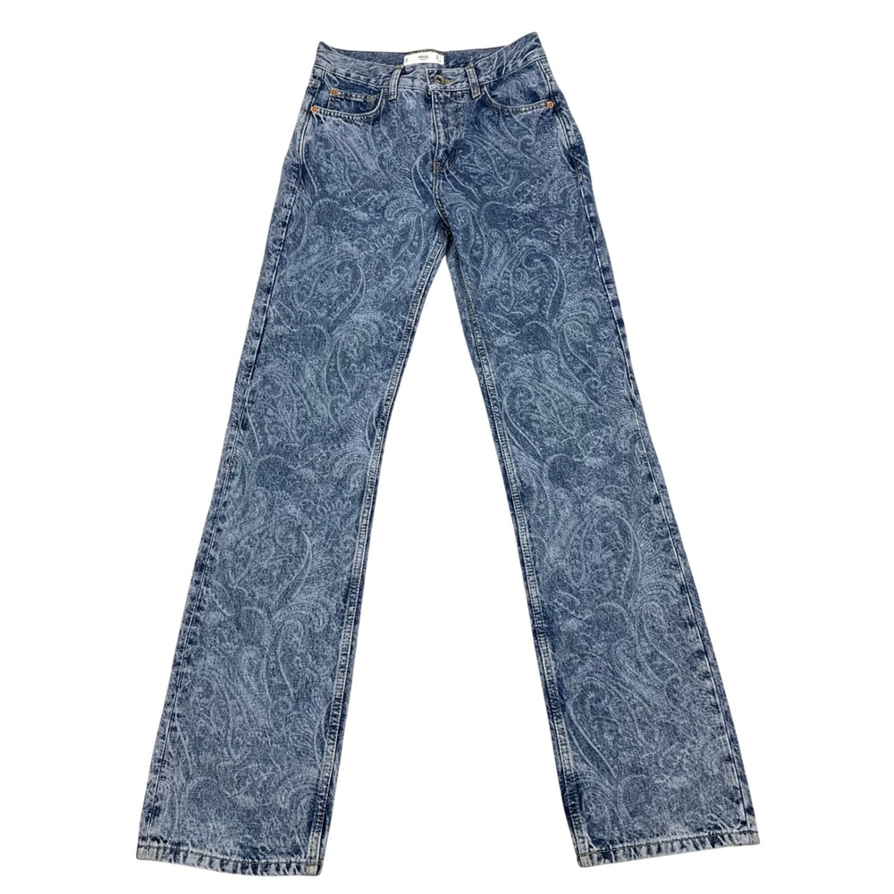 Mango Denim Blue Paisley Acid Wash High Rise Straight Leg Jeans Women Size 2